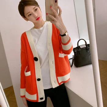 

fashion Winter color matching sweater women casual knitting sweater women coat jacket single-breasted knit cardigan sweater