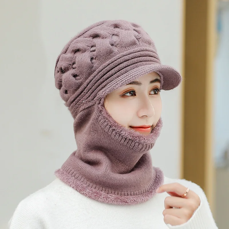 Sparsil, женская зимняя вязаная шапка из кроличьей шерсти, Skullies, Осенний утолщенный шарф для улицы, теплый меховой воротник, защита ушей, плоская шапка - Цвет: Light Purple