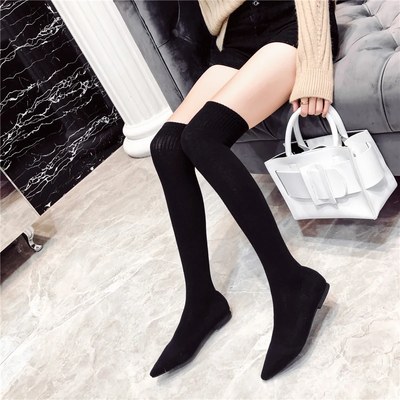 Женские носки выше колена, высокие сапоги, сексуальные эластичные высокие сапоги, вязанные высокие сапоги для стриптиза на плоской подошве, зима-осень, теплые облегающие черные сапоги