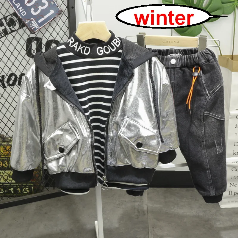 3pcs set Коллекция года, одежда для маленьких мальчиков комплект зимней одежды для мальчиков, куртка из искусственной кожи для мальчиков футболки джинсы комплект детской одежды, одежда для маленьких мальчиков, От 2 до 6 лет - Цвет: 3pcs set