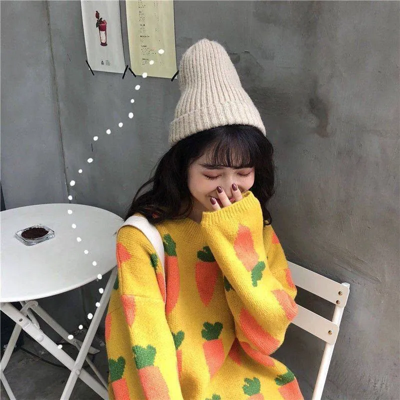 

Autumn Women's Sweaters Kawaii Ulzzang Radish Embroidery Sweater Female Harajuku Clothing For Women Yellow Sweater Females