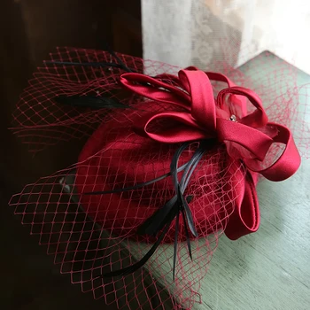 

Women Vintage White Satin Bow Fascinator Headpiece Hairpin Elegant Ladies DInner Cocktail Party Wedding Hat Veil Headdress 2019