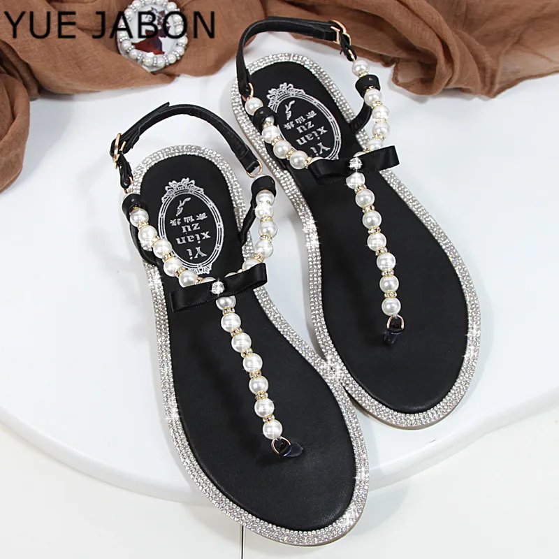 

Women summer sandals 2021 new black shoes flat pearl sandals comfortable string bead beach slippers casual sandalias pink white
