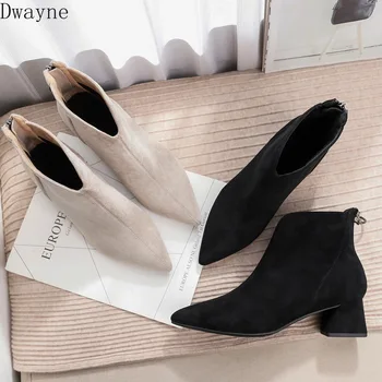 

2019 autumn new high-heeled boots women fashion simple solid color suede comfortable thick heel pointed toe casual boots