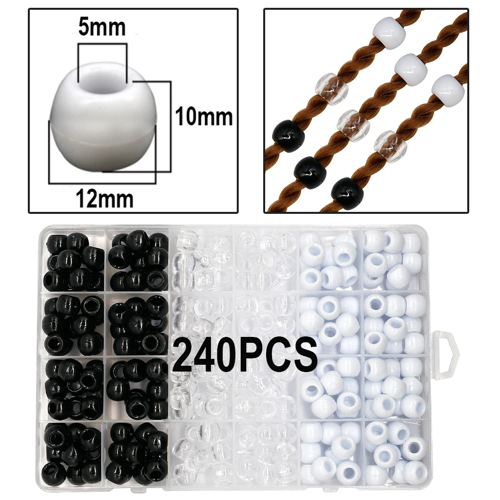 1Box Assorted DIY Craft Beads, 240 Pcs Mixed Color Clear White Black Round Pony Beads 12x10mm Hair Braid Dreadlocks Beads