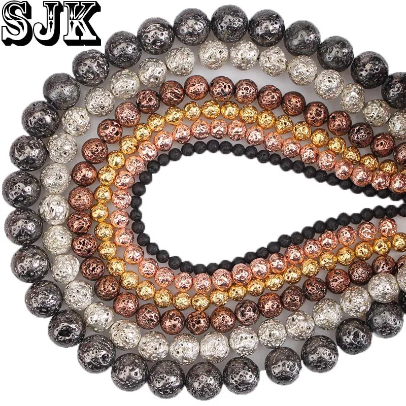 

Natural Stone Lava Volcanic Round Beads Silver/Black/Rose Gold/Red Copper Colour 5 6 8 10 12 MM Diy Beads For Jewelry Making