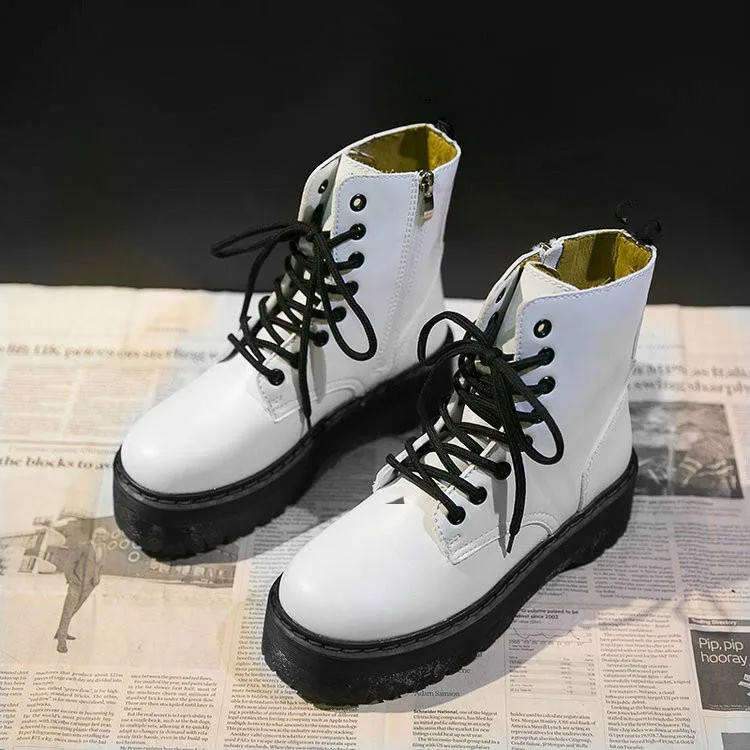 Botas de motocicleta blancas para Mujer, Botas bajas de cuña con cordones,  plataformas, zapatos de cuero suave para Otoño e Invierno|Botas hasta el  tobillo| - AliExpress