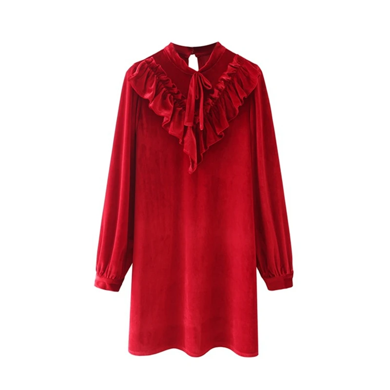 Pinkou Women Fashion Red Velour Mini Dress Bow Tie Ruffles Long Sleeve Straight Party Club Christmas Wear Dresses Mujer QA623 | Женская