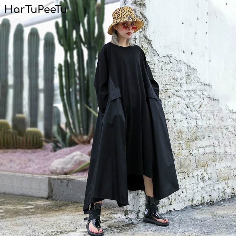 

Maxi Dress Plus Size Summer 2020 Women Long Sleeve Black Loose Casual Vestidos Mujer Irregular Hem Side Pockets Basic Dresses