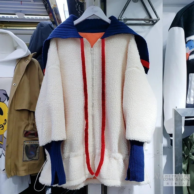 

2020 Women Autumn and Winter New Large Sailor Collar Knitted Stitching Loose Long Lamb Wool Coat Students Zipper Jacket