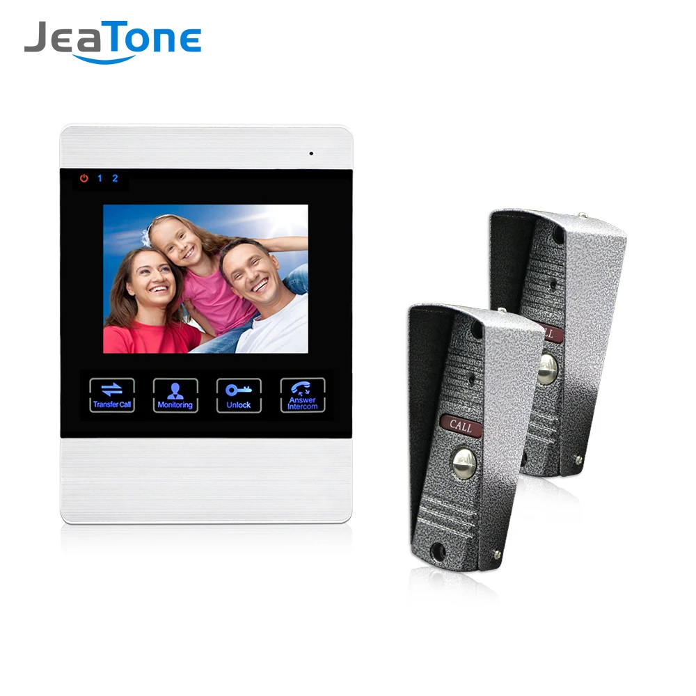 

Jeatone 4 Inch TFT Wired Smart Video Door Phone Intercom System with 1 Night Vision Monitor +2x1200TVL Rainproof Doorbell Camera