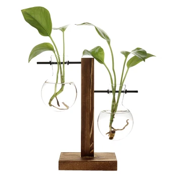 

Vintage Wooden Stand with Vase Flower Pot Transparent Vase Wooden Frame Glass Tabletop Plants Home Bonsai Decor