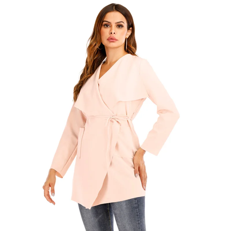 Ym6818# европейский и американский AliExpress осень и зима стиль сплошной цвет на шнуровке Тренч пальто для женщин