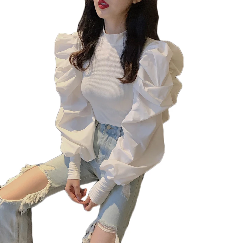 Fashion White Puff Sleeve Blouse Shirt Women Autumn O Neck Ruffles Patchwork Knitted Shirt Crop Vintage Casual Brand Tops blusas