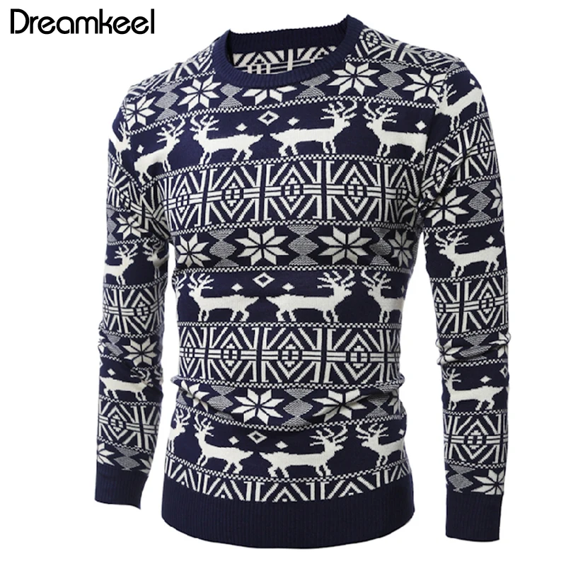 Winter Pullover Sweater Mens Deer Printed Long Sleeve Sweaters Casual Slim Fit Thick 2018 Brand Christmas Style W1 | Мужская одежда