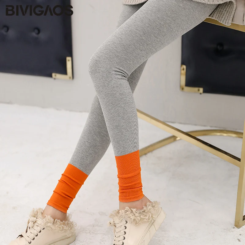 Light Grey-Orange BIVIGAOS осень зима новые Модный микро-пресс хлопковые леггинсы контрастный цвет бесшовные сшивание повседневные спортивные Леггинсы Брюки женские Треники - Цвет: Light Grey-Orange