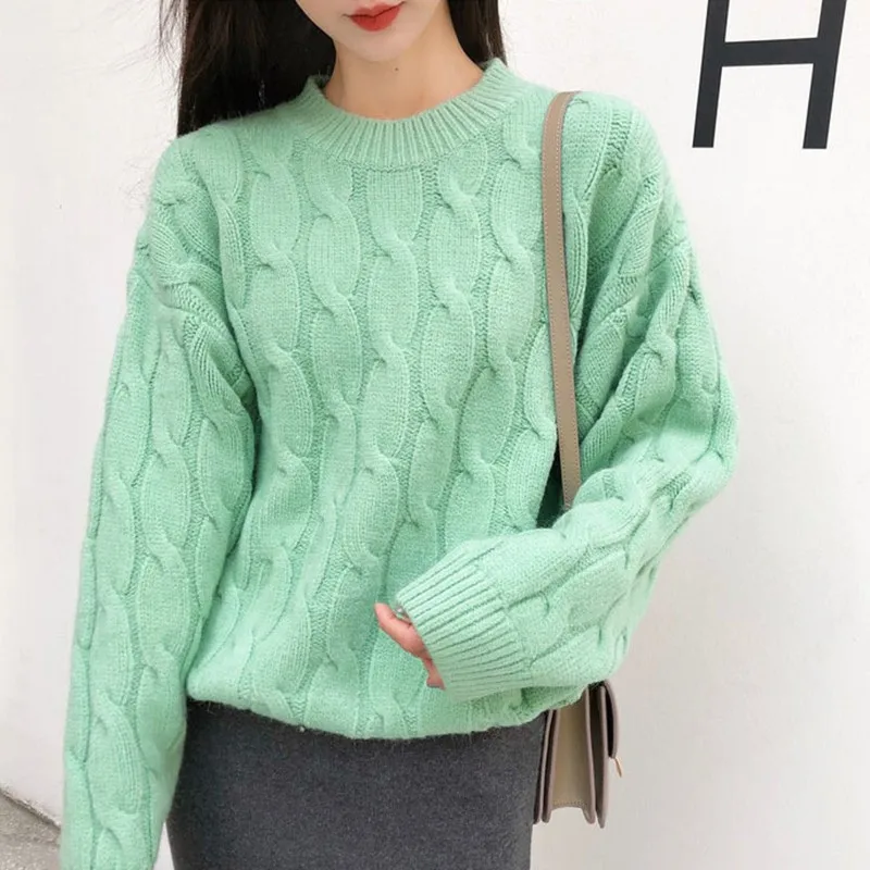 

Autumn Fashion Sweet Loose Knit Bottoming Tops Basic Candy Color Pullovers Round Neck Long Sleeve Women's Sweater