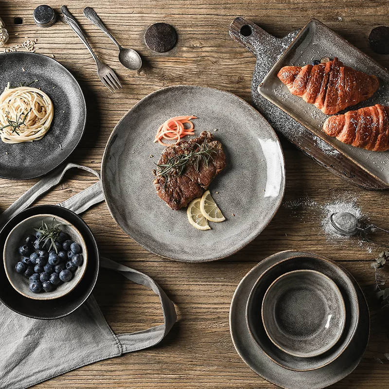 Japanese Ceramic Dinner Plate Rice Bowl Food Tray Retro Gray Tableware Porcelain Fruit Salad Sushi Serving Plate Dinnerware
