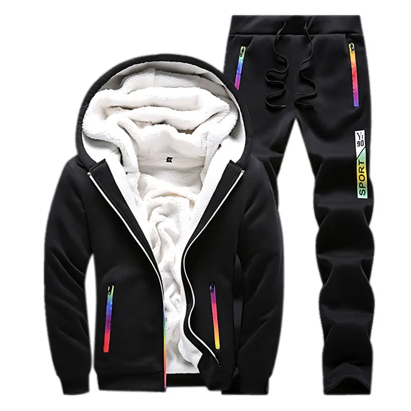 

2019 New Winter Casual Men sporting Set Winter Inner Thick Fleece Hooded Jacket + Pants Two Piece Set Warm sporting Suit