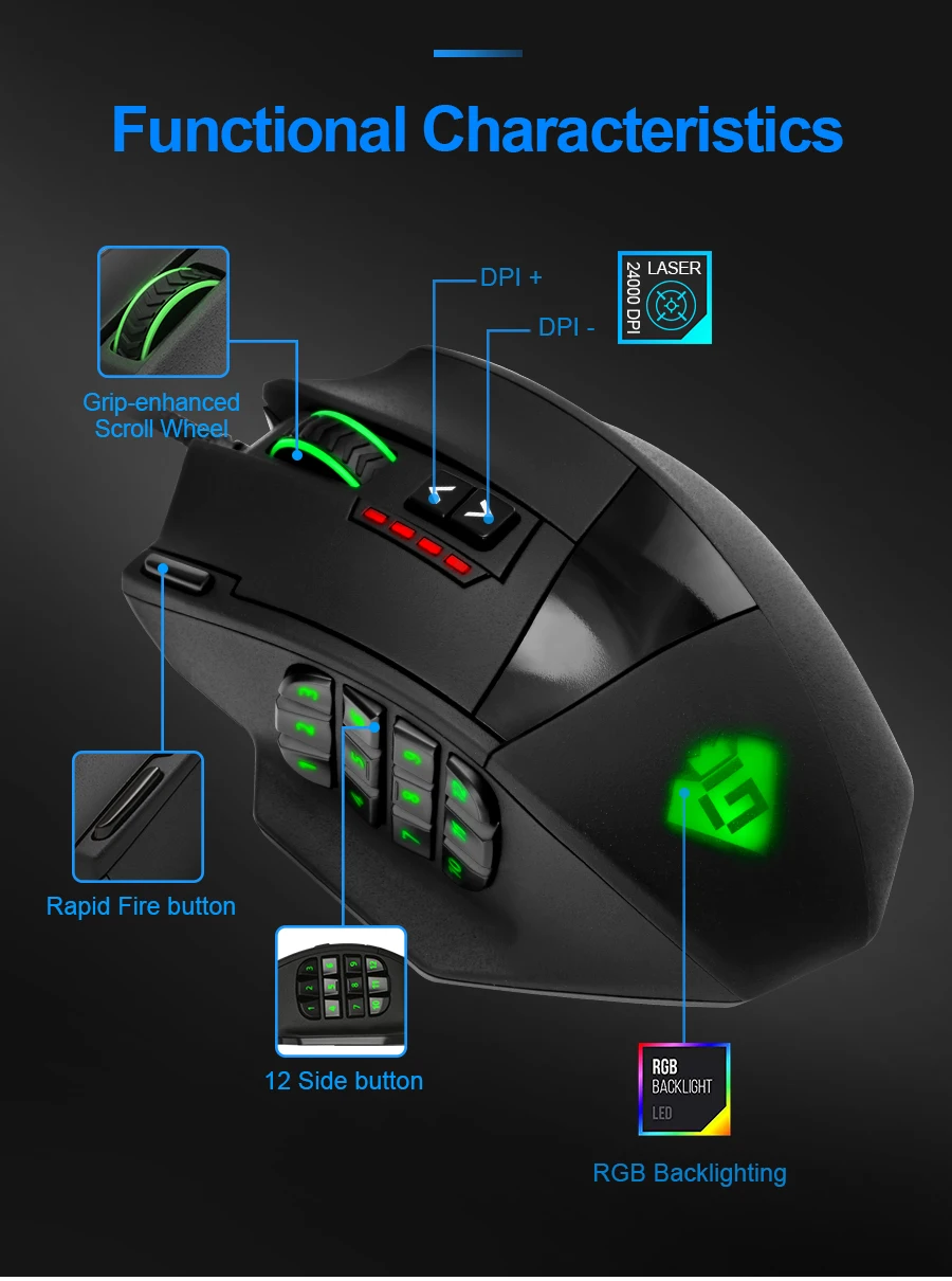 Rocketek USB игровая RGB мышь 16400 dpi 19 кнопок эргономичный дизайн для настольного компьютера аксессуары программируемые мыши геймер ПК