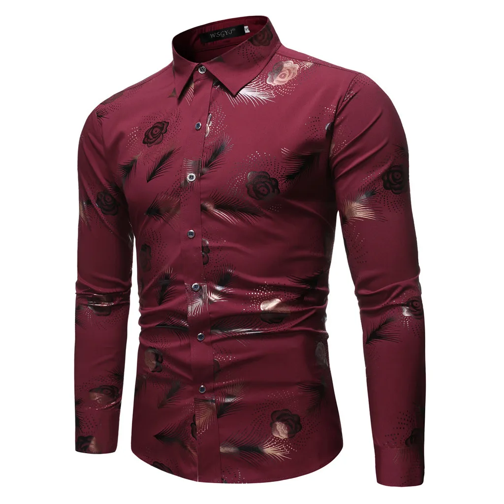 Camisa Masculina мужская новая стильная модная красная рубашка с длинными рукавами с принтом из полиэстера с длинными рукавами 19Aug20 P30