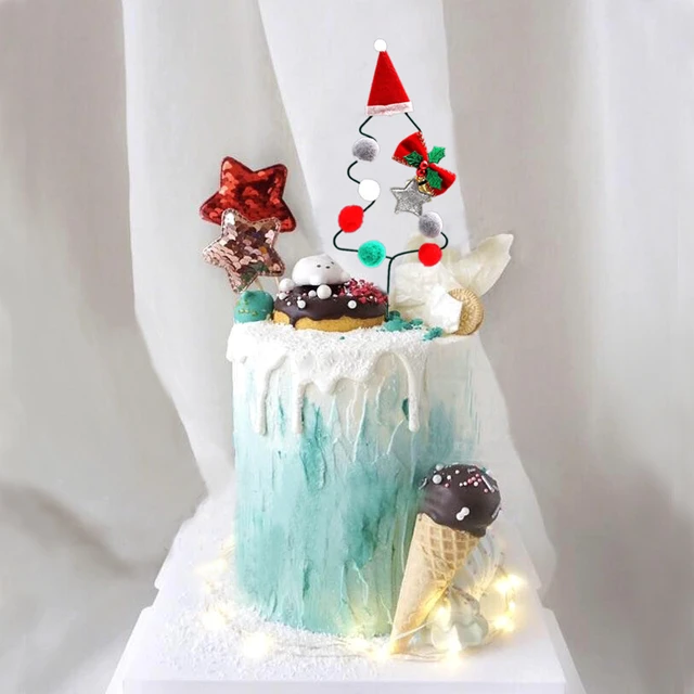 Topo de bolo de Natal Feliz Aniversário – Decoração de bolo de árvore de  Natal com glitter