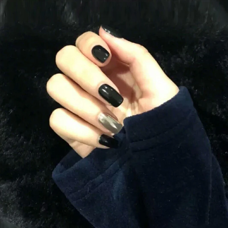 Nusx 24pcs Black Silver Press On False Nails TipsManicure Medium Acrylic Design Jumping Color Adhesive Glue 5