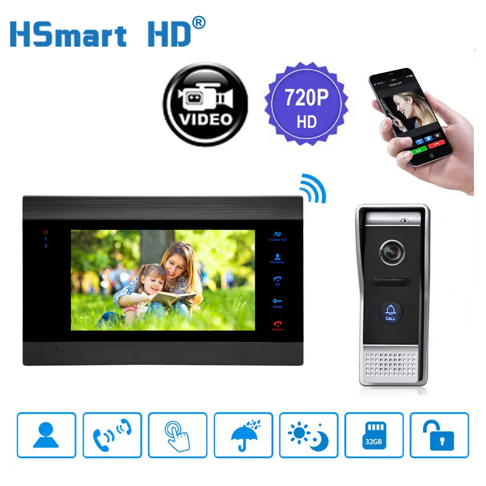 HD 720P 7\ Wireless WiFi LCD Video Doorphone 1200TVL IP65 Outdoor Camera Video Intercom System Motion Detection Smart Doorbell