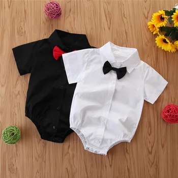 

Newborn Baby Boys Short Sleeve Lapel Collor Bowtie Gentlmen Birthday Party Bodysuits Infant Jumpsuits Kids Toddler Clothes