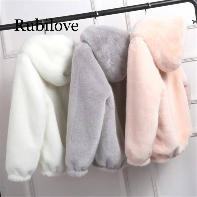 

Rubilove 2019 New Faux Fur Coat With Hood High Waist Fashion Slim Black Red Faux Fur Jacket Fake Rabbit Fur