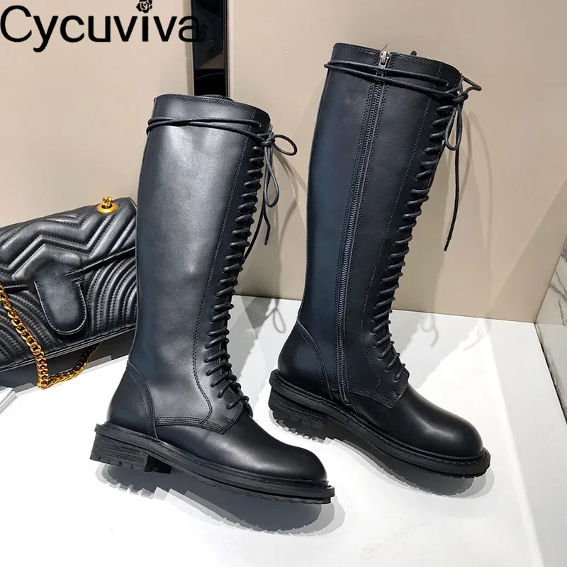 Western Luxury Genuine leather Women Long Boots Front Lace Up Flat Knee high boots women Leather Buckle Knight boots botas mujer