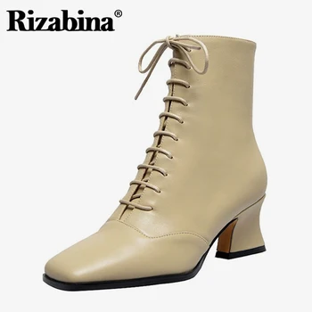 

Rizabina Women Real Leather Ankle Boots Square Toe Thick High Heel Lace Up Winter Shoes Street Footwear Casual Shoes Size 33-41