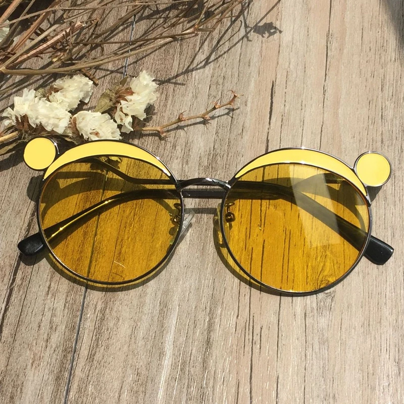 UVLAIK детские солнцезащитные очки с милыми медвежьими ушками для мальчиков и девочек, солнцезащитные очки с круглой металлической оправой, детские очки для возраста от 2 до 8 лет - Цвет линз: Цвет: желтый