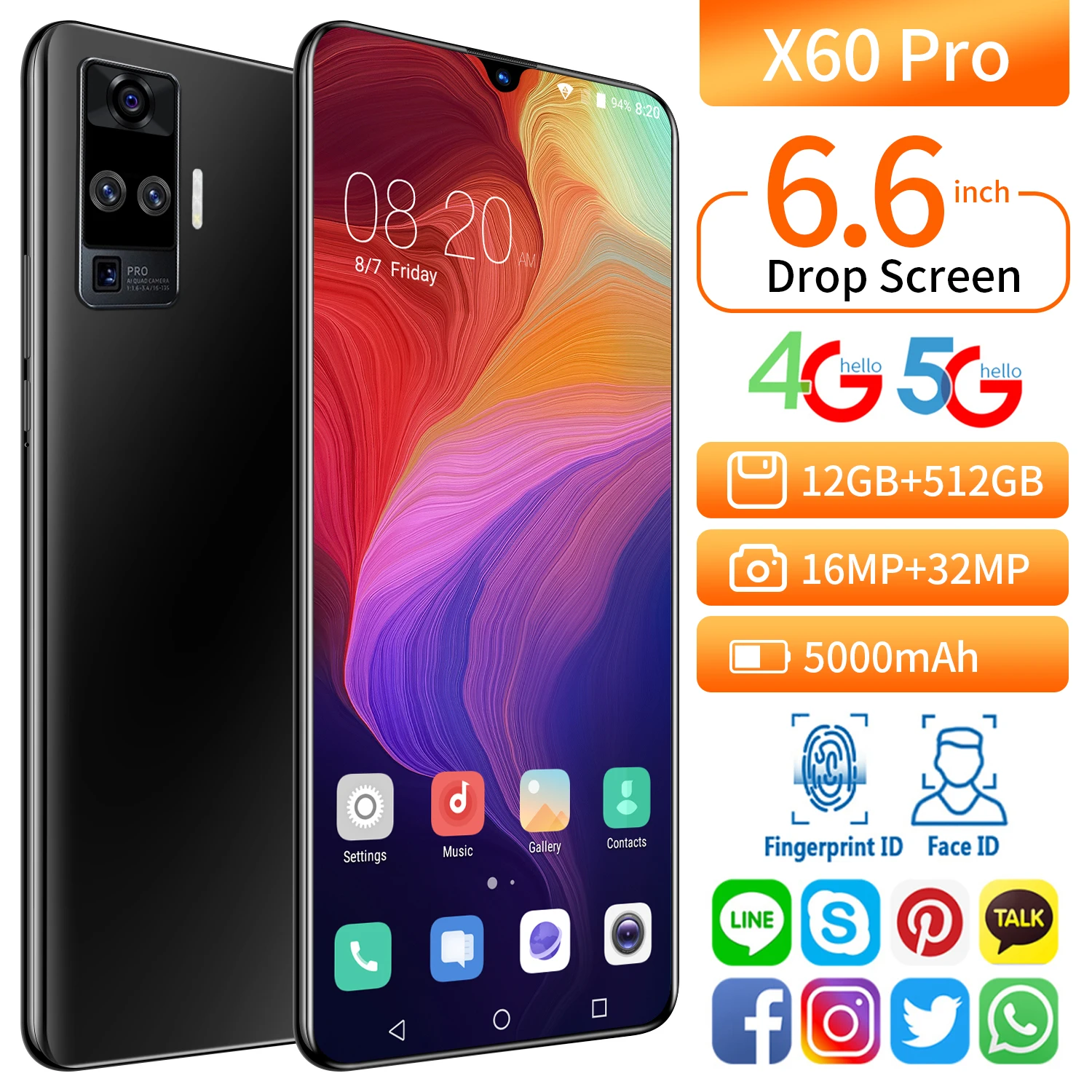 X60 Pro versión Global Snapdragon 865 Quad Cámara 32MP Smartphone 6,6 "12GB + 512GB 5000mAh Android 10,0 5G LTE para móvil teléfono