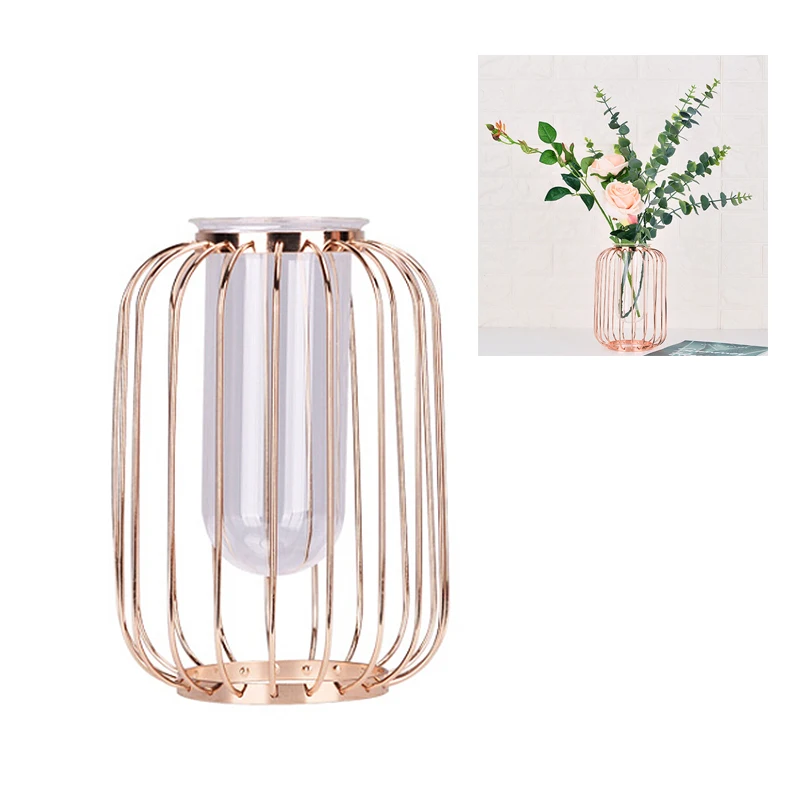 

Luxury Nordic Flower Vase Rose Gold Metal Rack Planter Terrariums Plant Glass Vase Decoration Home Modern Decorative Vases