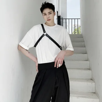 

Male Streetwear Hip Hop Vintage Fashion Tees Shirts Fashion Show Stage T-shirt Men Leather Belt Short Sleeve T Shirt