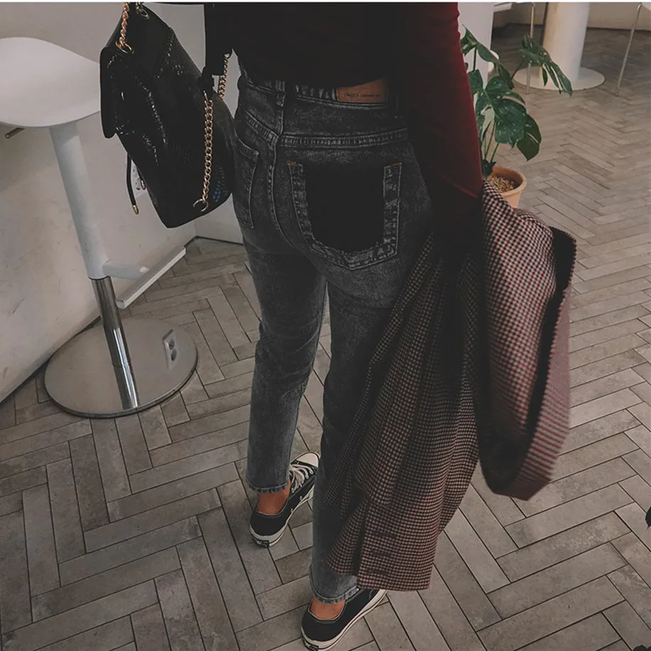Pengpious winter new retro fashion women jeans snow wash slim fit straight jeans Korean fashion real photos
