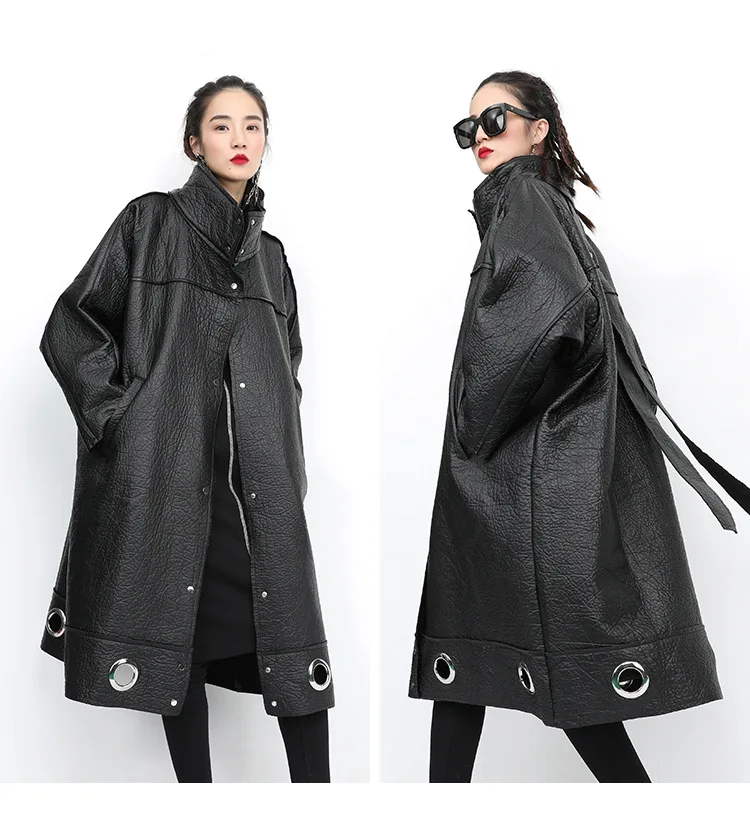 Новинка, корейский стиль, женский зимний черный Тренч из искусственной кожи, Женская длинная куртка из искусственной кожи, верхняя одежда J226