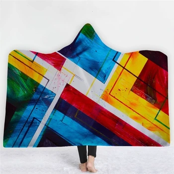 

Creative Geometric Pattern Blanket With Hat Fleece Fabric Wearable Rainbow Dyeing Colorful Winter Hooded Blanket For Home Office