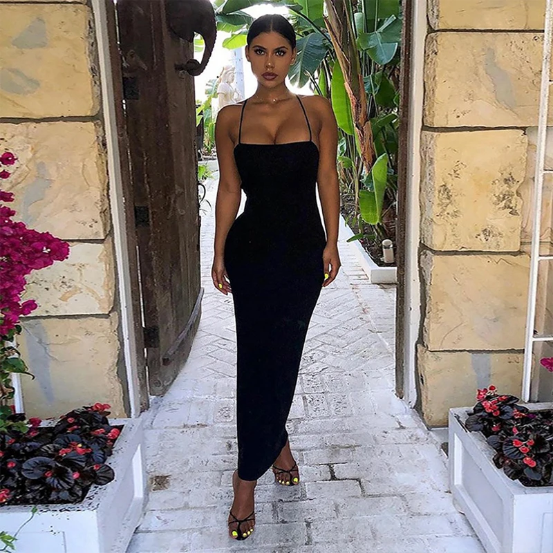 DISEYAR Long Dress Bodycon Women Sexy Spaghetti Strap Black Summer Casual Streetwear Backless Maxi Outfits 2021 DISEYAR Long Dress Bodycon Women Sexy Spaghetti Strap Black Summer Casual Streetwear Backless Maxi Outfits 2021