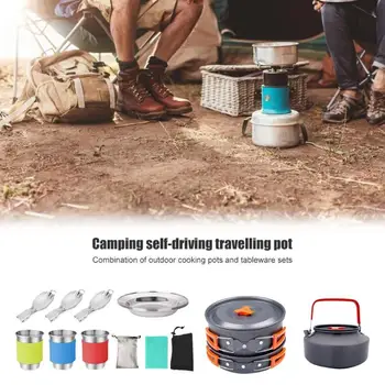 

Outdoor Camping Hiking Cookware Picnic Soup Fry Pan Kettle Fork Spoon Kit