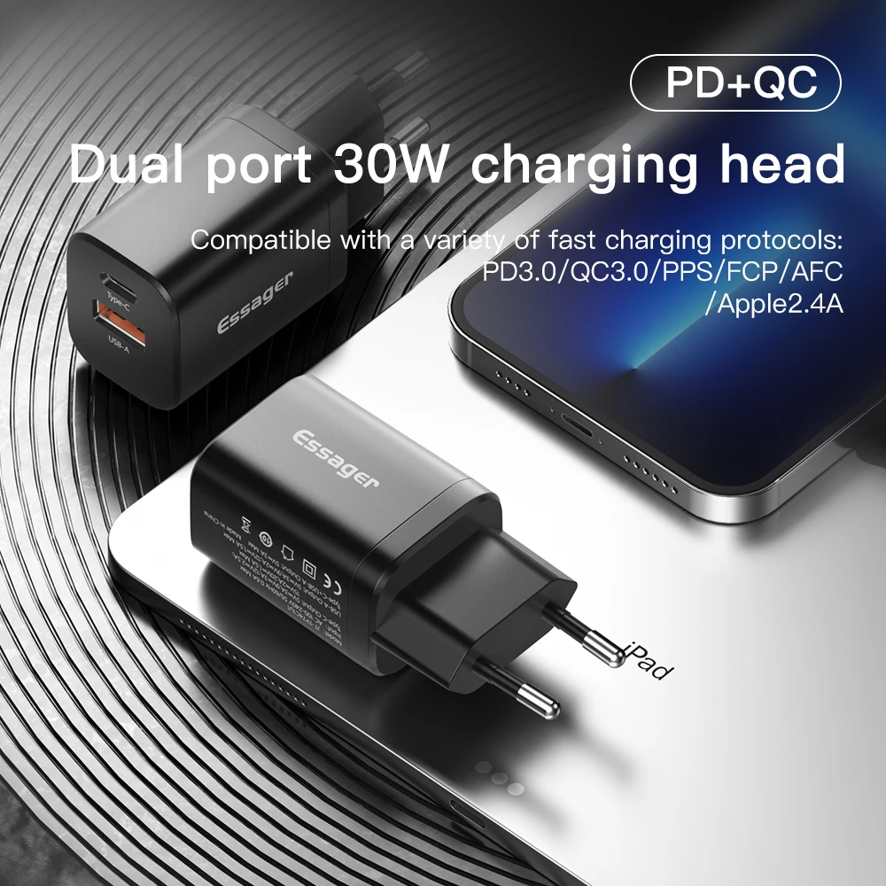 Essager USB Type C Fast Charger 30W QC PD 3.0 Dual Port Mini Portable Adapter For IPhone 16 15 14 IPad Xiaomi Fast Wall Chargers