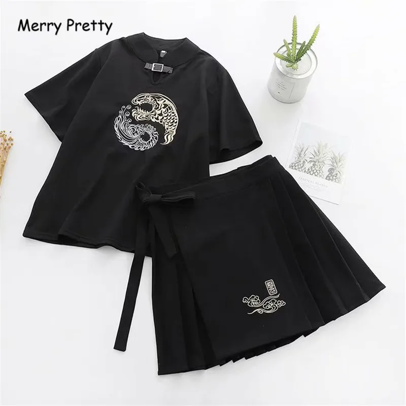 

Merry Pretty Embroidery Women Two Piece Sets Top And Skirt 2019 Short Sleeve Mandarin Collar T Shirt Embroidery Strap Mini Skirt