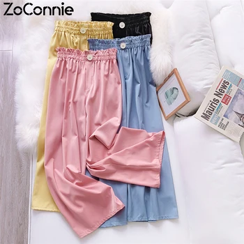 

ZonConnie 2020 Spring Summer Women Lone Pants High Waist Wide Leg Pants Pendant Silky Casual Loose Female Straight Trousers