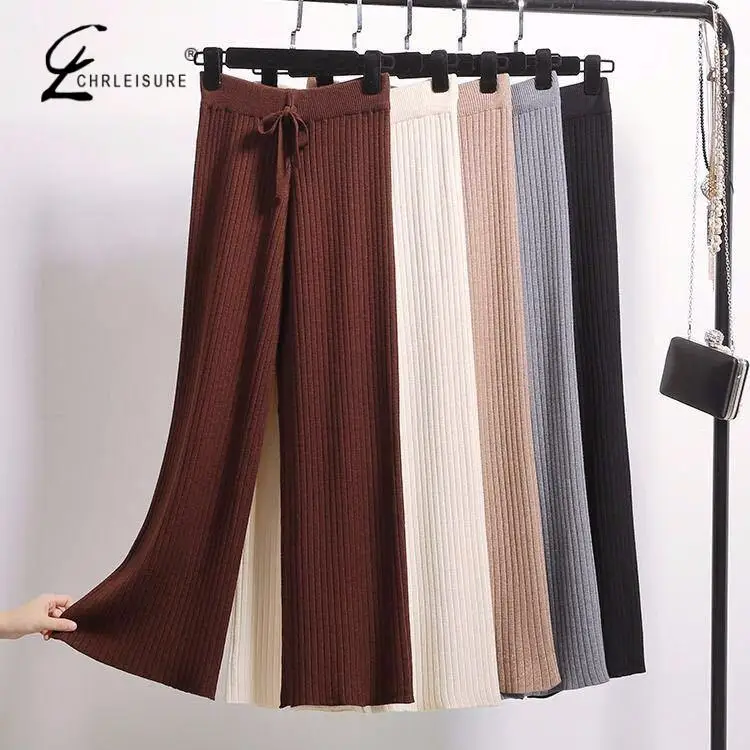 

CHRLEISURE Fashion Lace-Up Ladies' Wide-Leg Pants Solid Color Knit Female Pants Casual Autumn And Winter Women's Pants