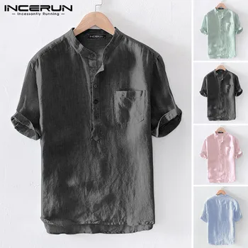 

Summer Men's Striped Shirts Breathable Cotton Short Sleeve Harajuku Blouse Casual Stand Collar Brand Shirt Men INCERUN 2020 5XL