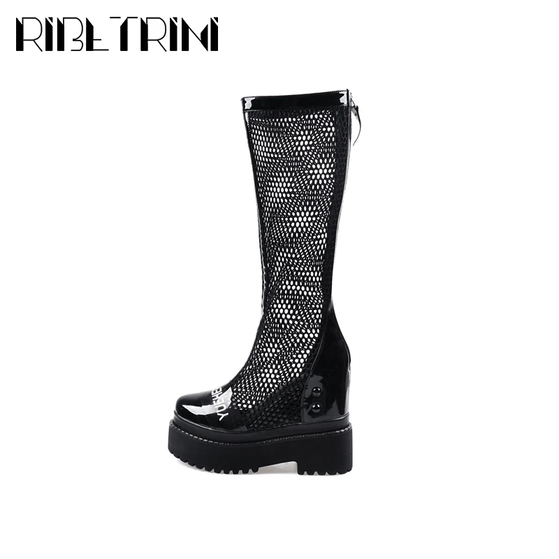 

RIBETRINI Large Size 33-42 Brand Lady Round Toe Increasing Height Shoes Woman Genuine Leather Summer Boots Women Platform Boots