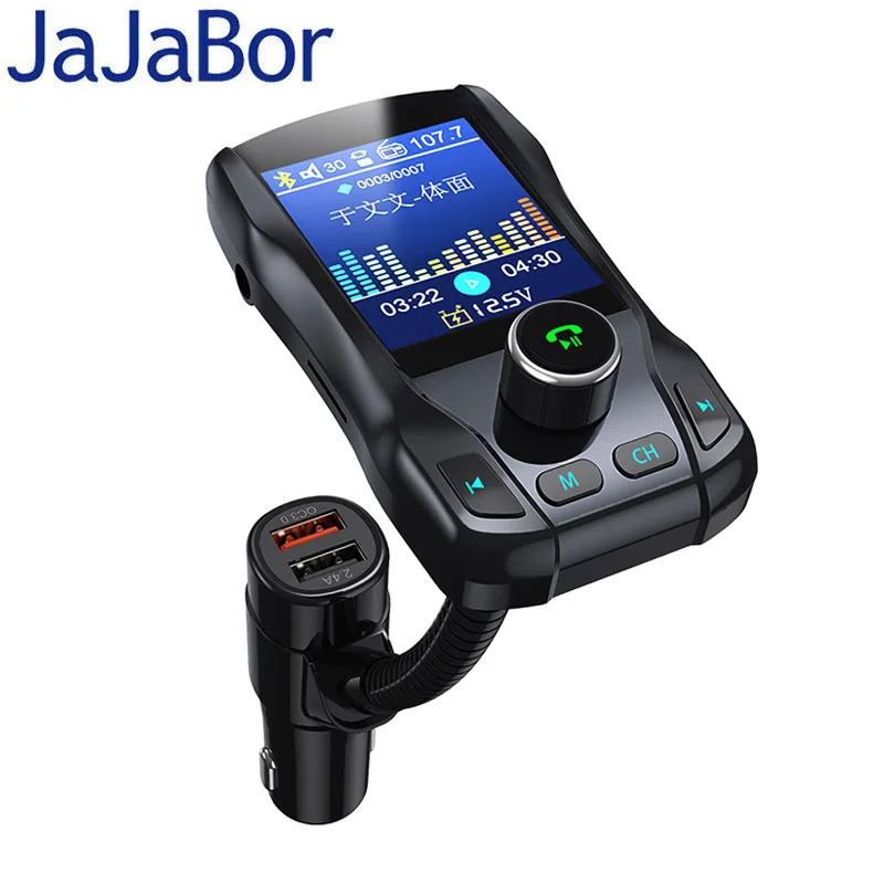 

JaJaBor Bluetooth 5.0 Carkit Hands Free FM Transmitter AUX Receiver MP3 Player QC3.0 Quick Charge 1.8 Inch Large Screen