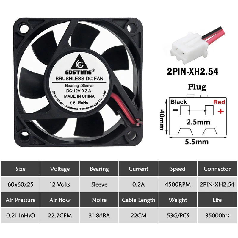 12V Cooling Computer Fan Small 60x60x25mm DC Brushless 2-pin