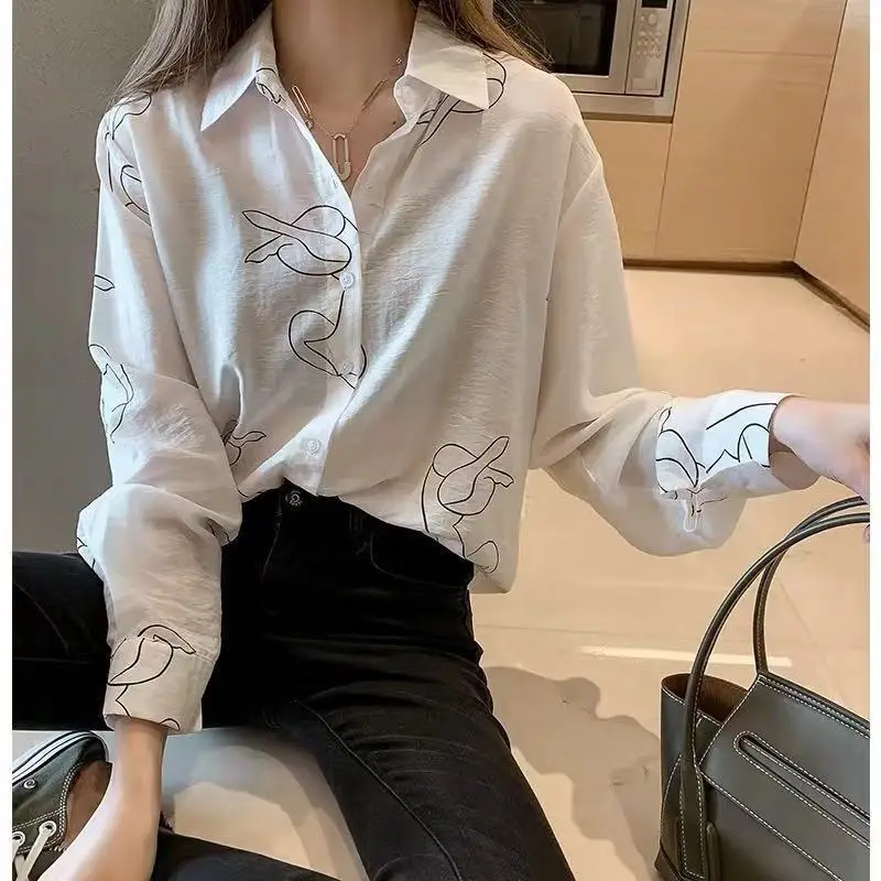 

Autumn Clothing 2019 New Style Retro Hong Kong Style Print Shirt Women's Sense of Design Non-mainstream Tops Long-sleeved Shirt
